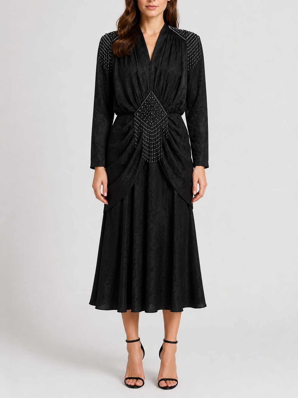 Vintage 80s D'Ore Black Beaded Silk Midi Cocktail Dress Size 4